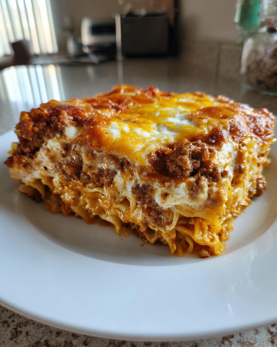 A thick slice of cheesy sour cream beef noodle casserole with layers of noodles and meat sauce.