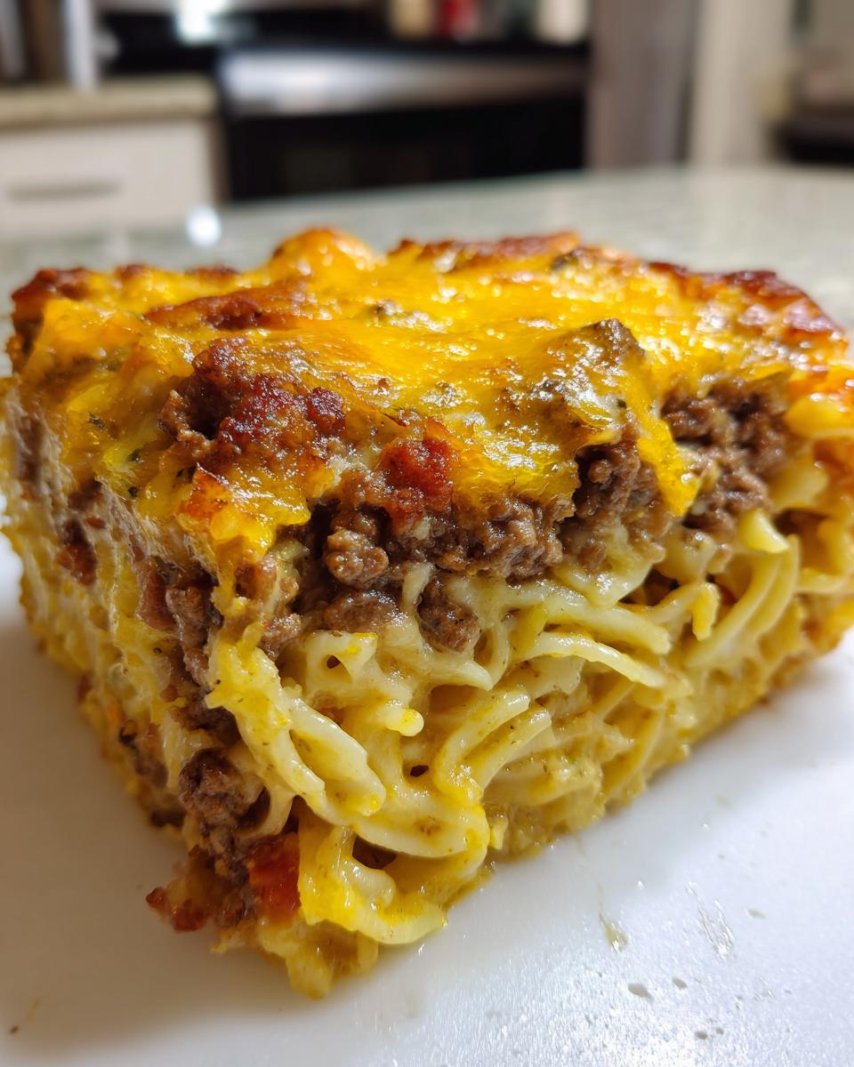 Close-up of a square slice of sour cream beef noodle casserole topped with melted cheddar cheese.