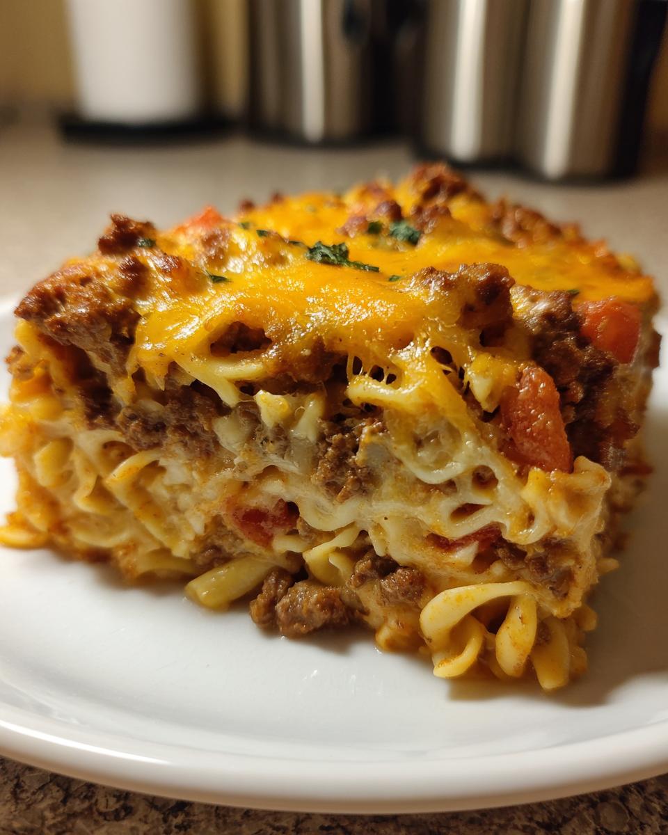 A hearty slice of sour cream beef noodle casserole layered with meat, noodles, and topped with melted cheddar cheese.