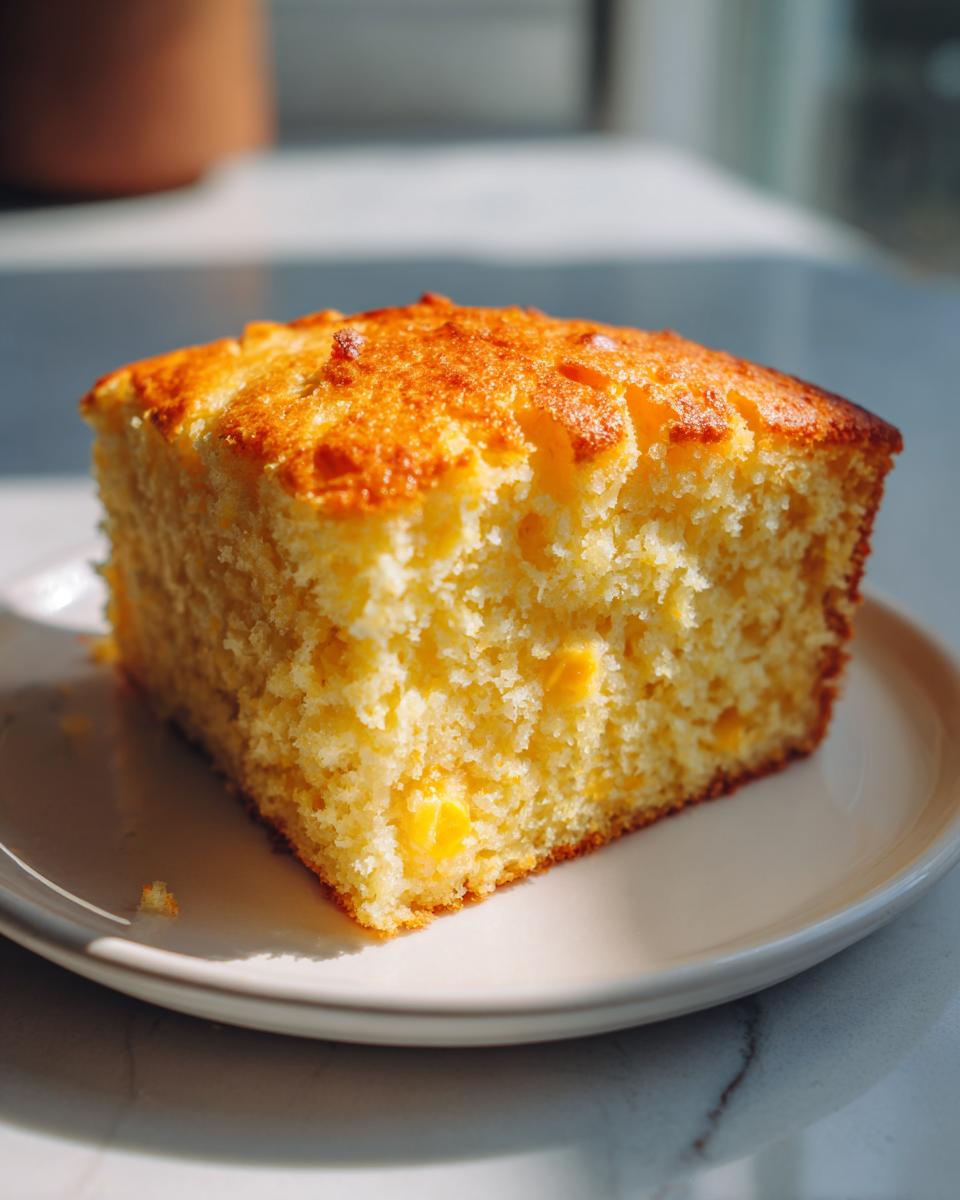 A close-up, sunlit slice of moist sourdough cornbread featuring whole corn kernels and a golden-brown top.