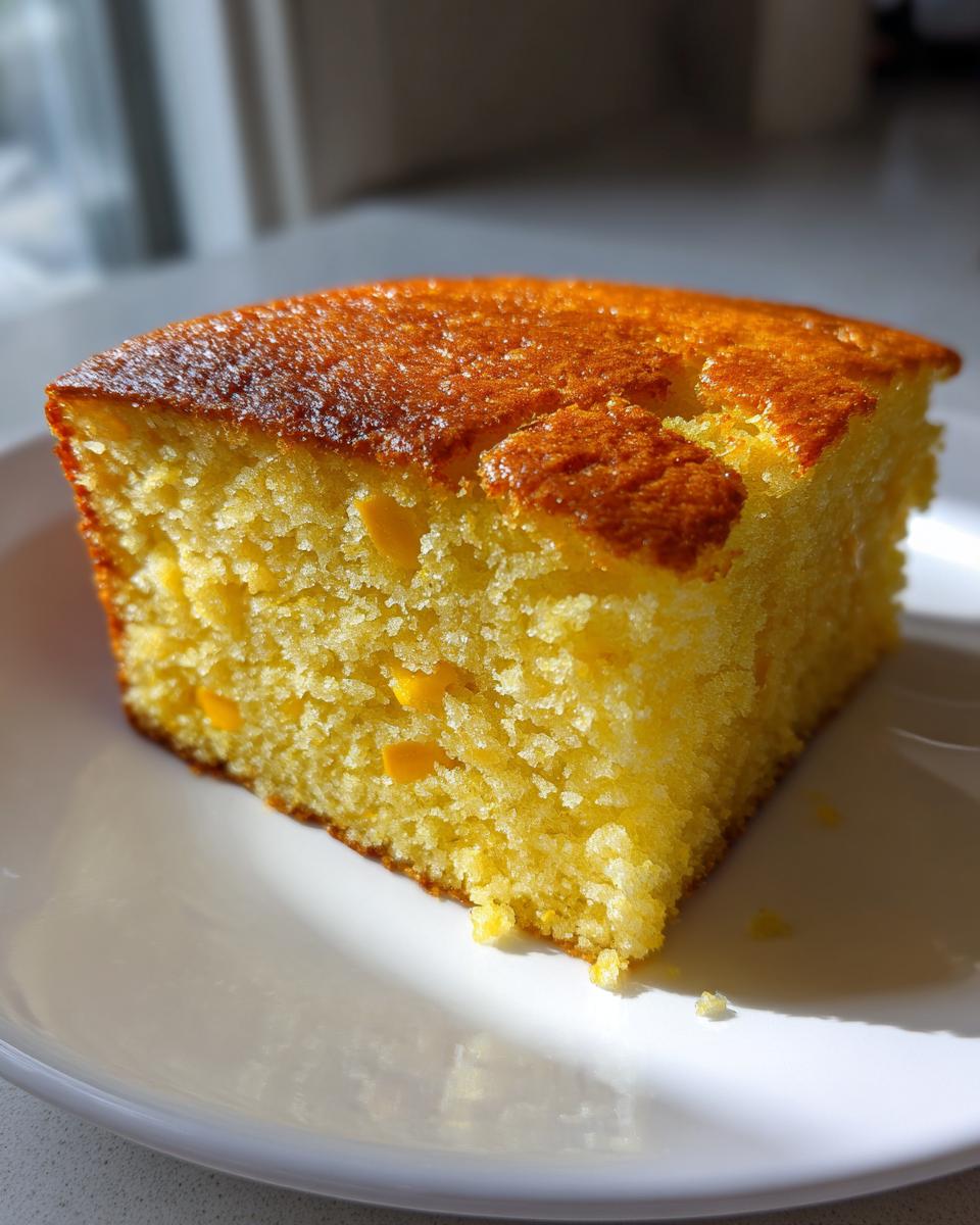 A close-up of a moist, golden slice of sourdough cornbread with visible corn kernels, sitting on a white plate.