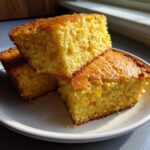 Three golden squares of moist sourdough cornbread stacked on a white plate, highlighted by natural light.