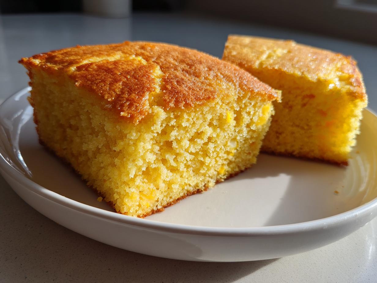 Close-up of two golden yellow slices of moist sourdough cornbread resting on a light-colored plate.
