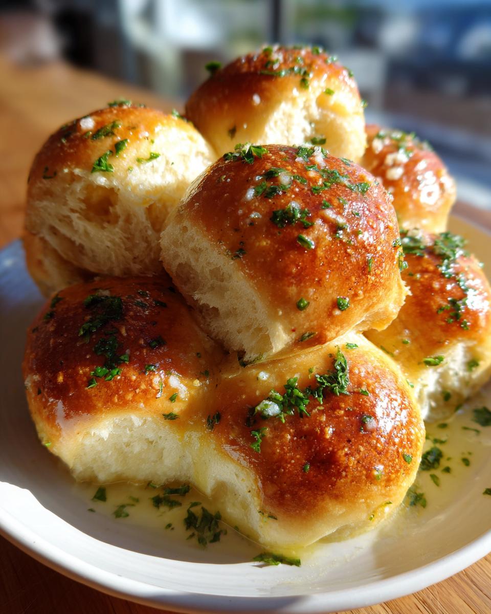 A stack of glossy, golden sourdough discard rolls brushed with melted butter and topped with fresh parsley.