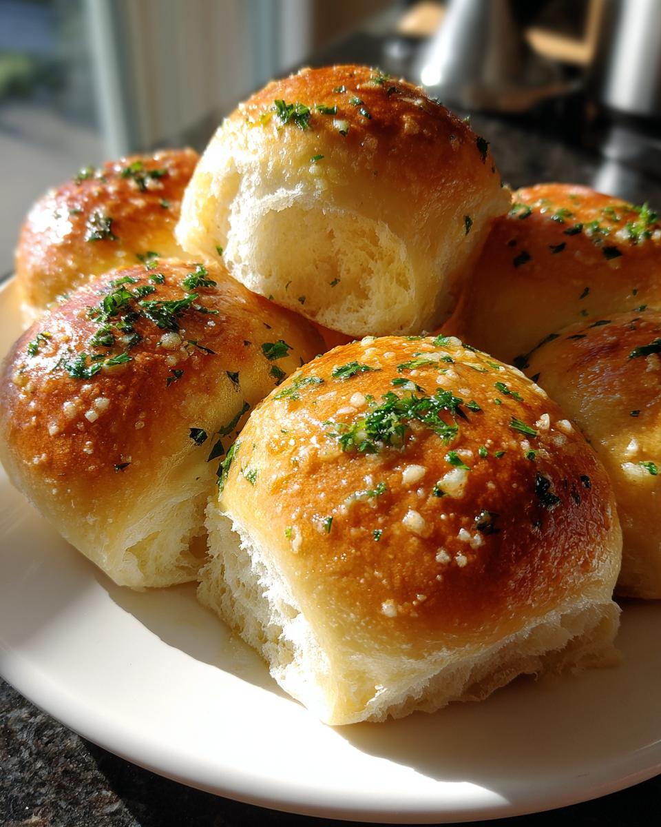 A stack of fluffy sourdough discard rolls brushed with garlic butter and sprinkled with parsley.