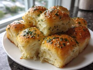 A stack of golden brown sourdough discard rolls brushed with garlic butter and sprinkled with parsley on a white plate.