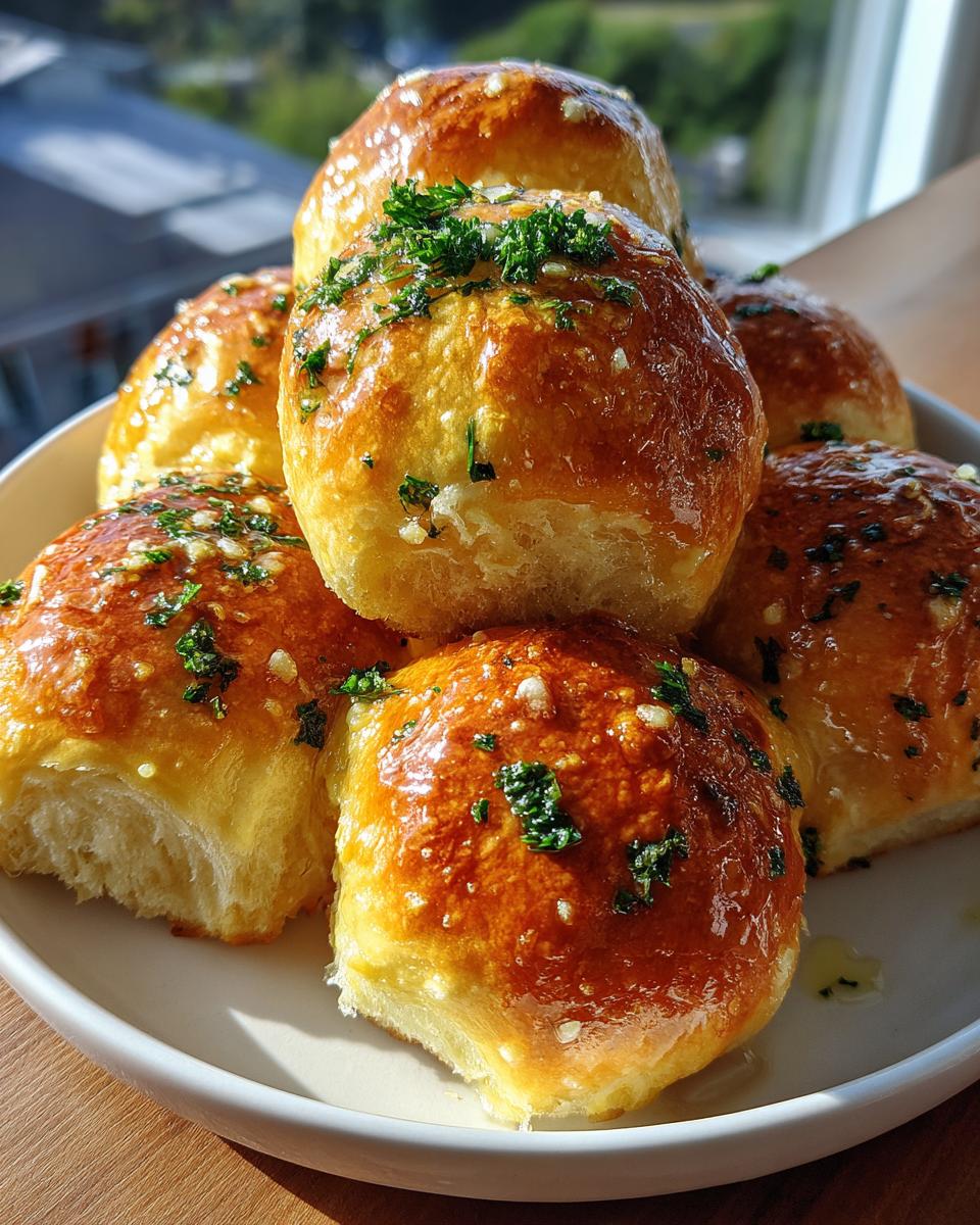 A stack of golden brown sourdough discard rolls brushed with garlic butter and topped with parsley.