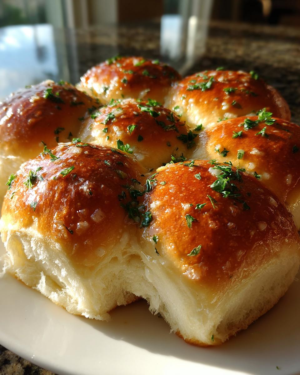 A cluster of golden-brown, soft sourdough discard rolls glistening with butter and topped with fresh parsley.