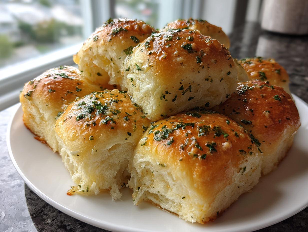 A stack of golden brown sourdough discard rolls brushed with garlic butter and sprinkled with parsley on a white plate.
