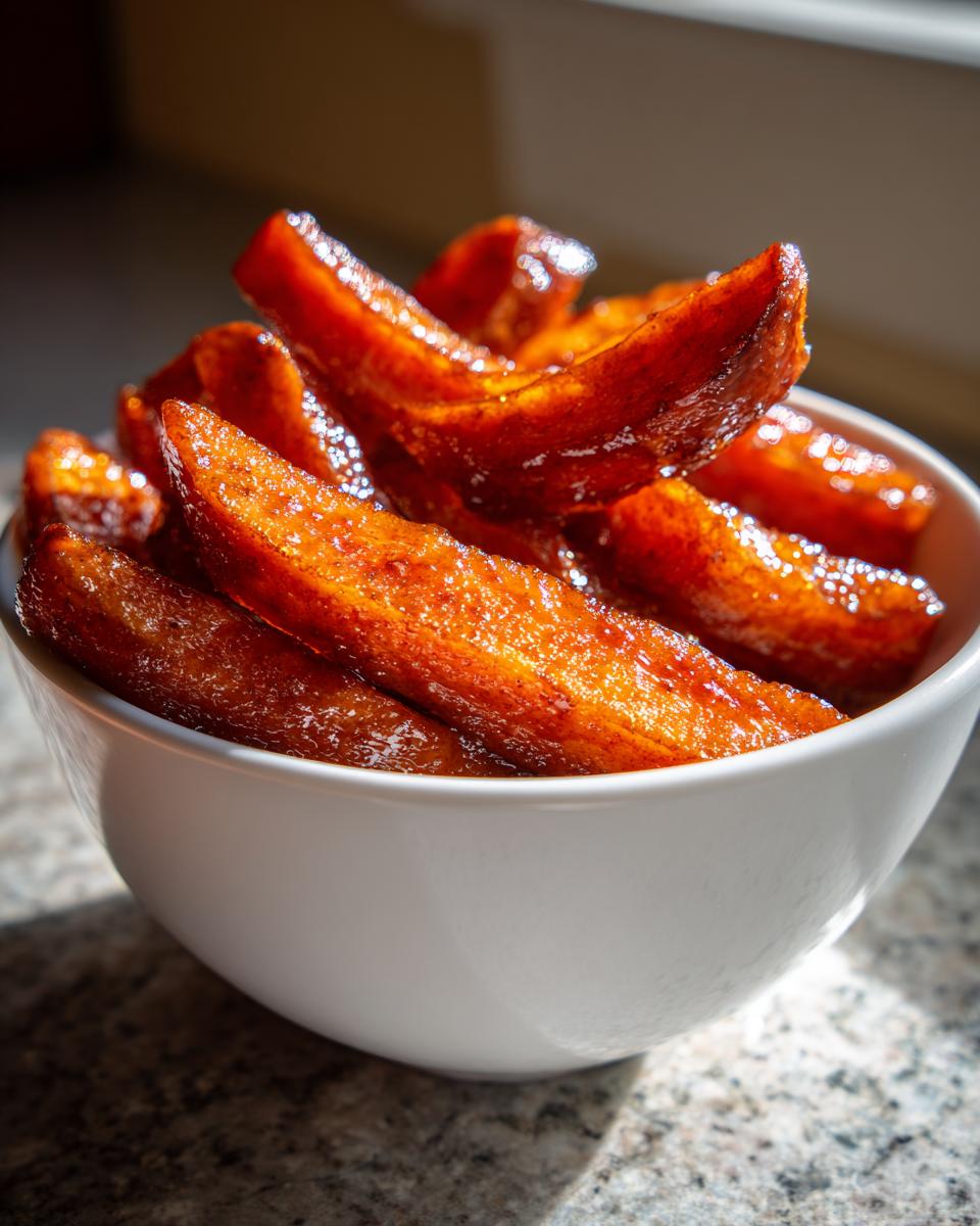 Close-up of glossy, caramelized southern candied yams served in a small white bowl.