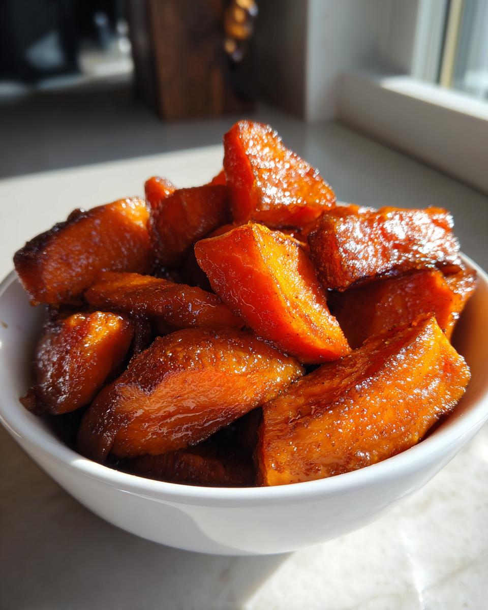Close-up of rich, glossy southern candied yams chunks piled high in a white bowl, catching the sunlight.