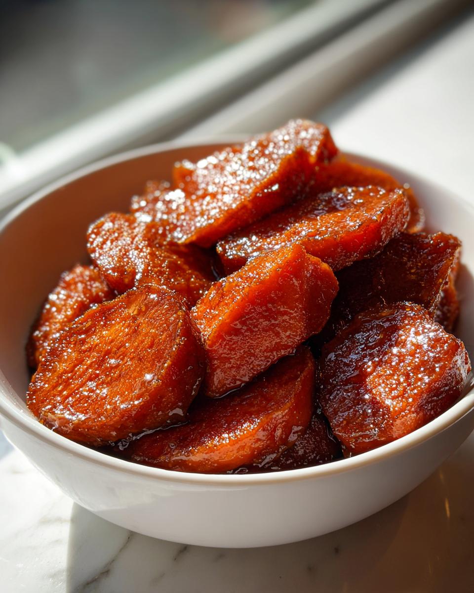Close-up of thick-cut, glistening southern candied yams piled high in a white bowl, bathed in sunlight.