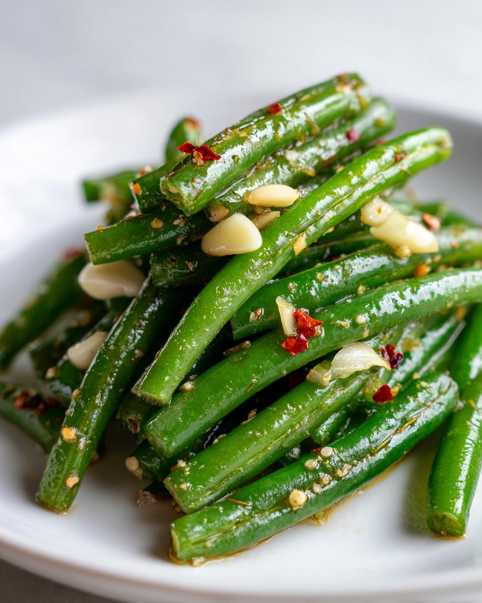 Close-up of bright green, marinated dilly beans seasoned with garlic slices and red pepper flakes.