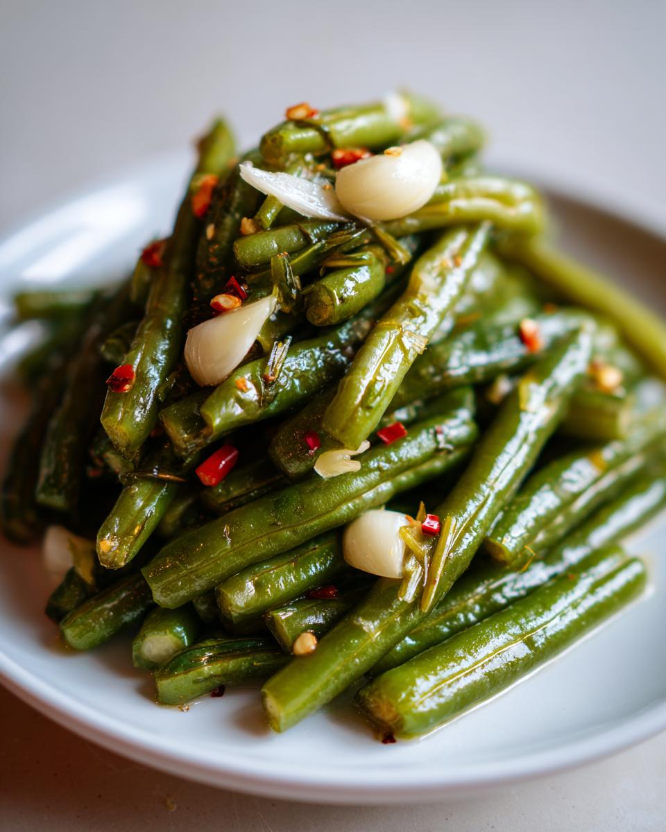 Close-up of bright green, seasoned dilly beans mixed with whole garlic cloves and red pepper flakes.