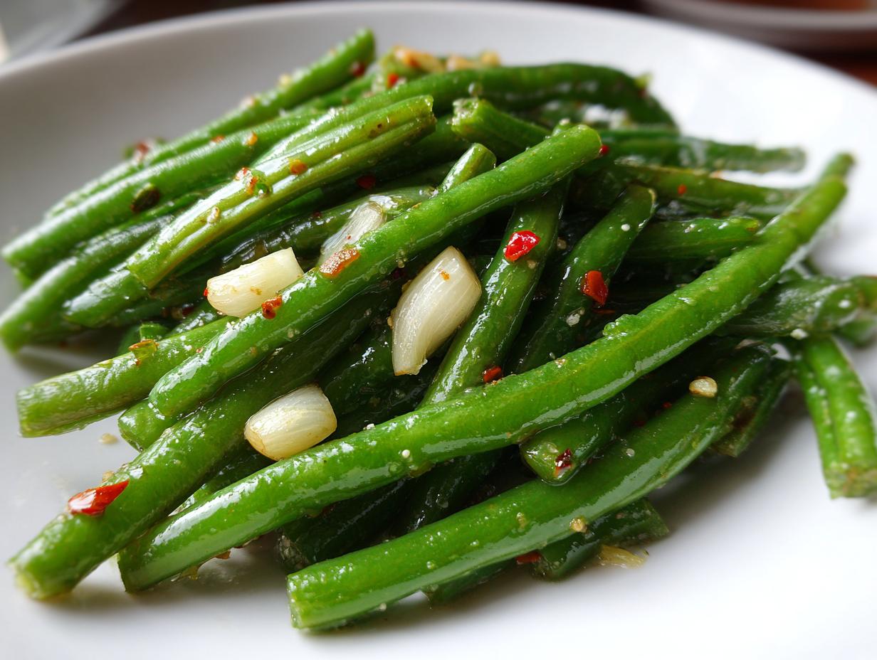 A close-up of bright green, glossy dilly beans seasoned with garlic cloves and red pepper flakes.