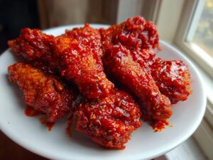 Close-up of crispy Korean fried chicken recipe wings coated in a thick, glossy, bright red spicy sauce.