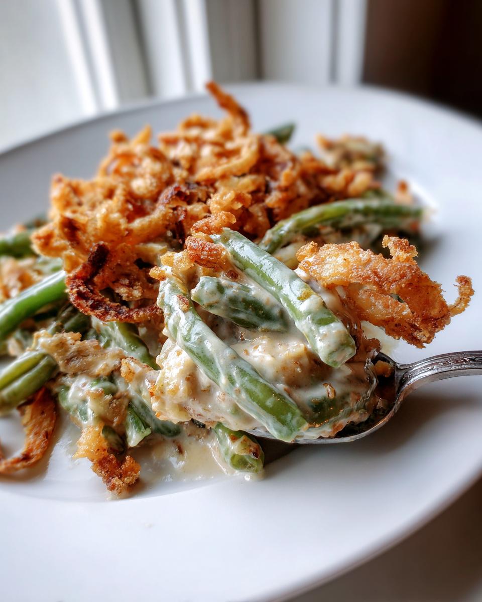 A spoonful of creamy green bean casserole topped with crispy fried onions being lifted from a white plate.