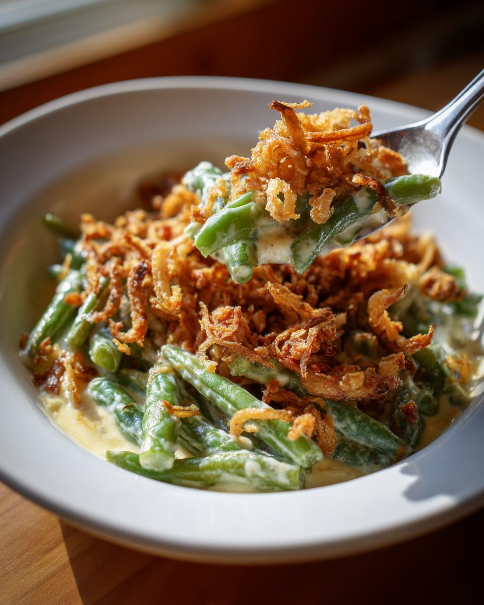A spoonful of creamy green bean casserole topped with crispy fried onions being lifted from a white bowl.