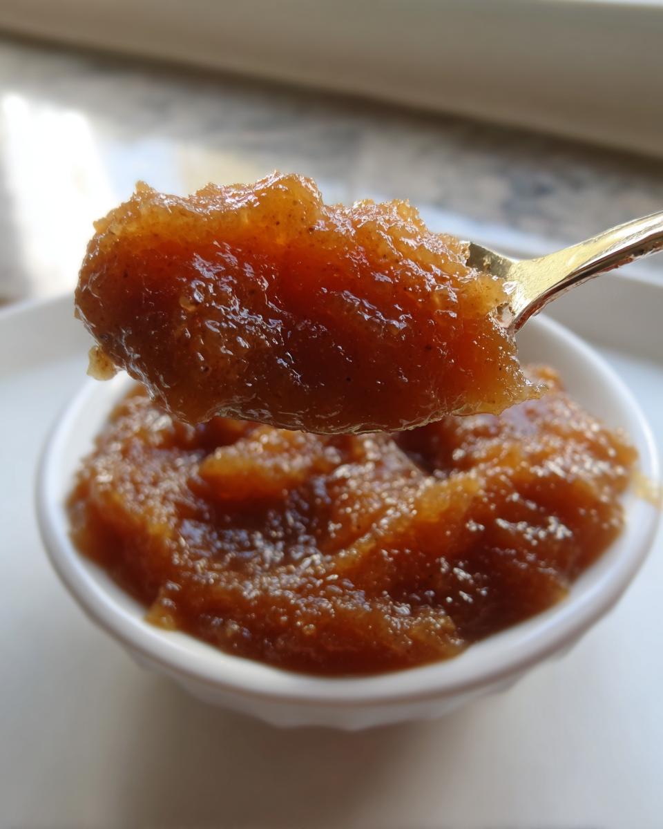 A spoonful of thick, rich, brown pear butter being lifted from a small white bowl.