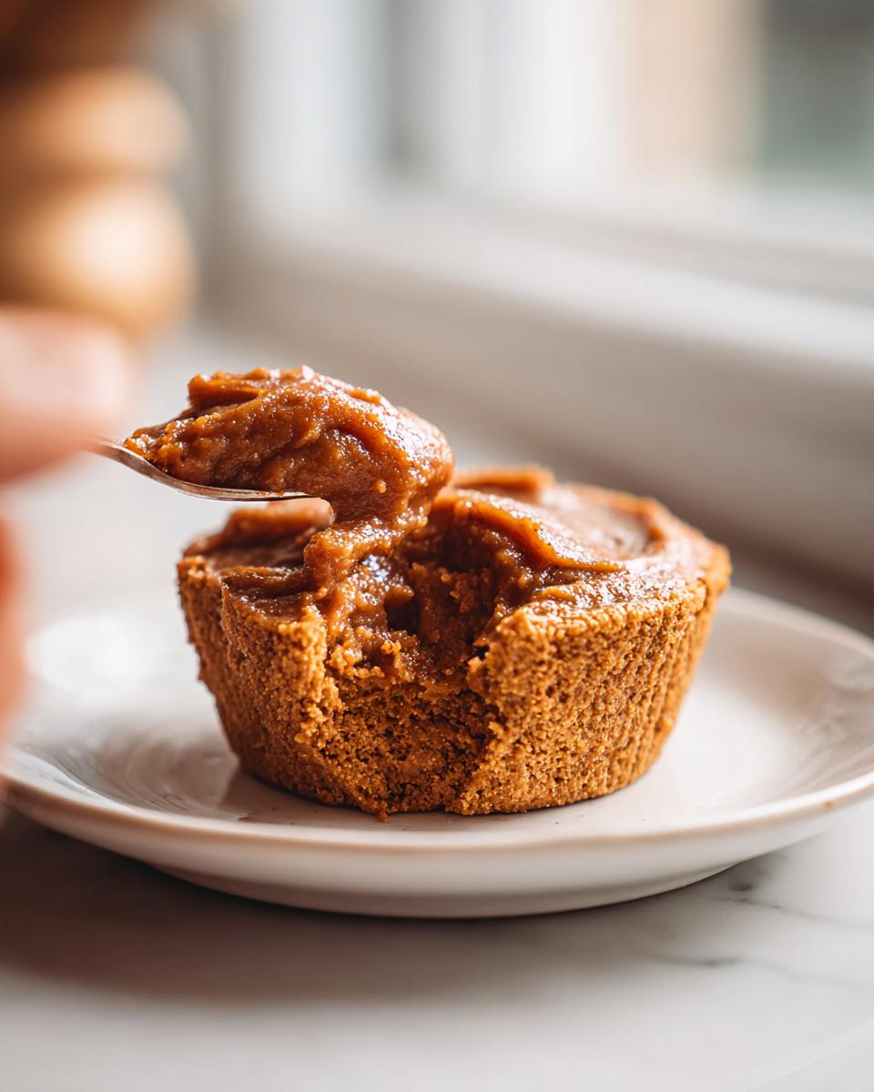A spoonful of thick, rich pear butter being spread onto a small baked good, likely a muffin or small cake.