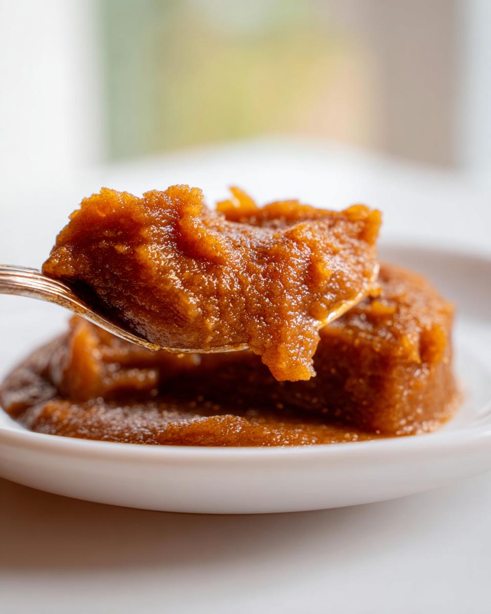 A spoonful of thick, rich, dark brown pear butter being lifted from a white plate.