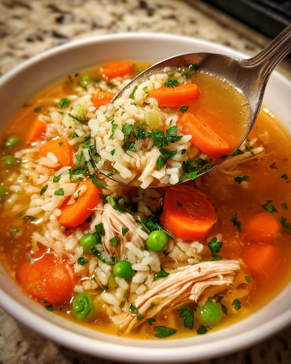 A spoonful lifting rice, shredded turkey, carrots, and peas from a bowl of rich turkey soup.