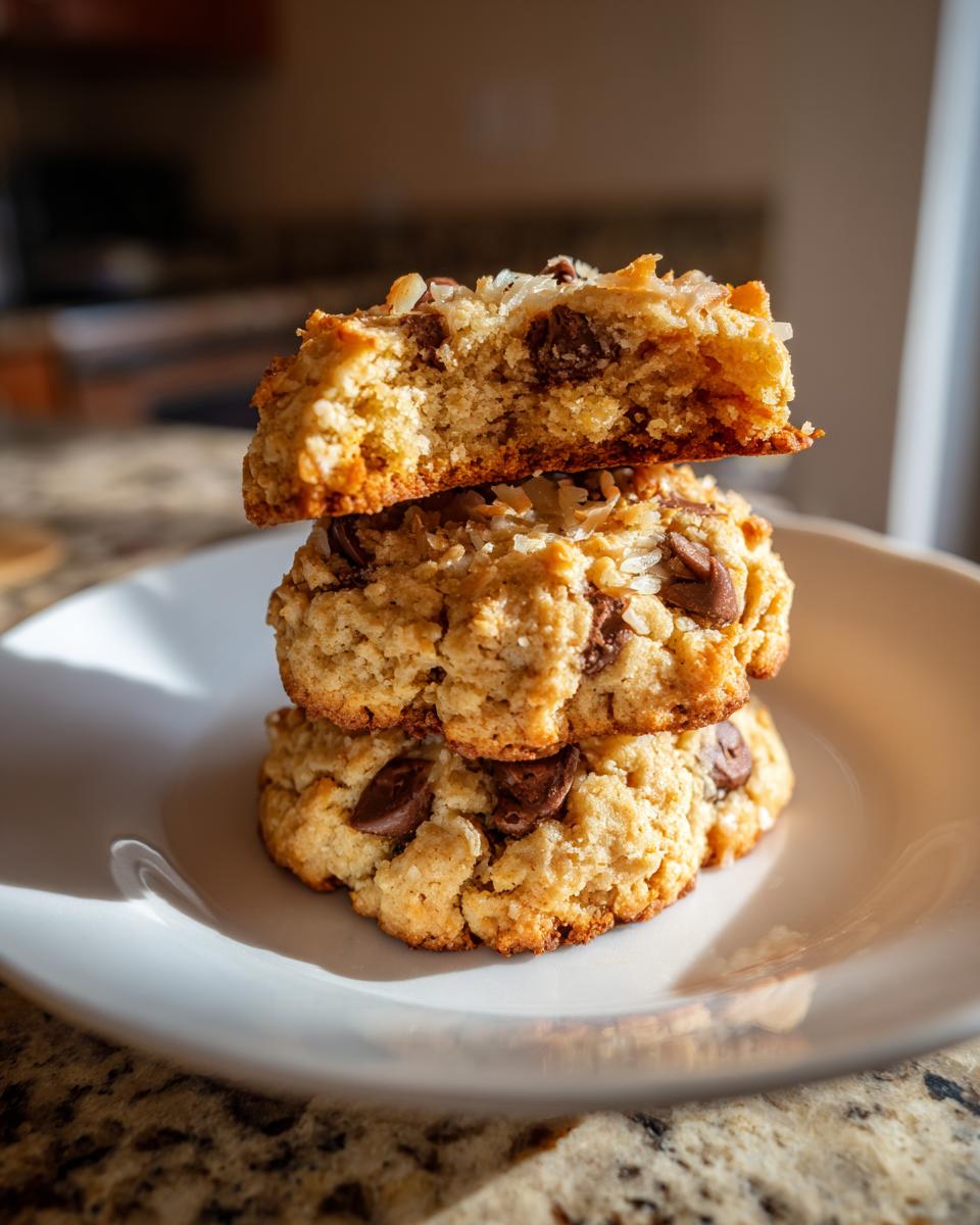 A stack of three homemade Almond Joy cookies, with the top one broken open to show the texture inside.