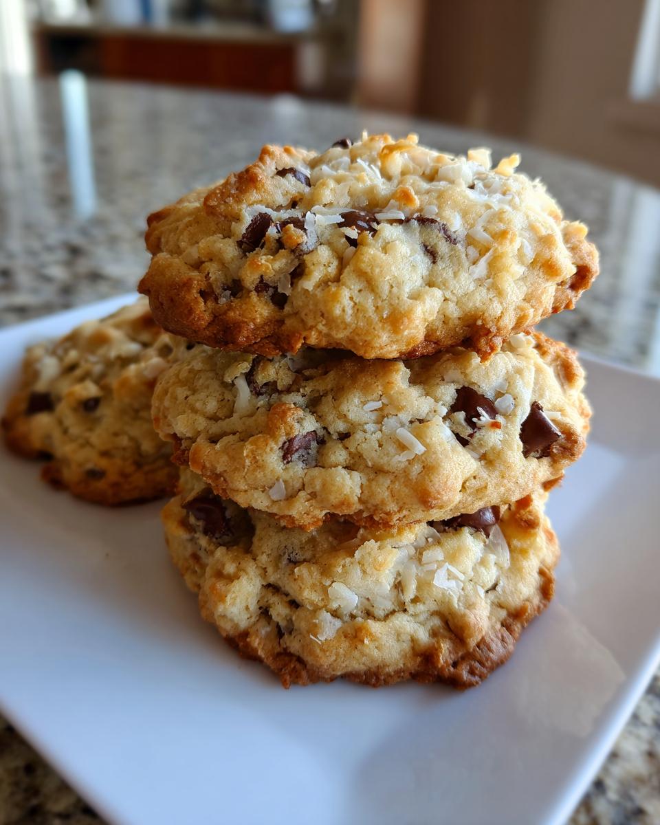 A stack of three golden brown Almond Joy cookies loaded with chocolate chips and shredded coconut.