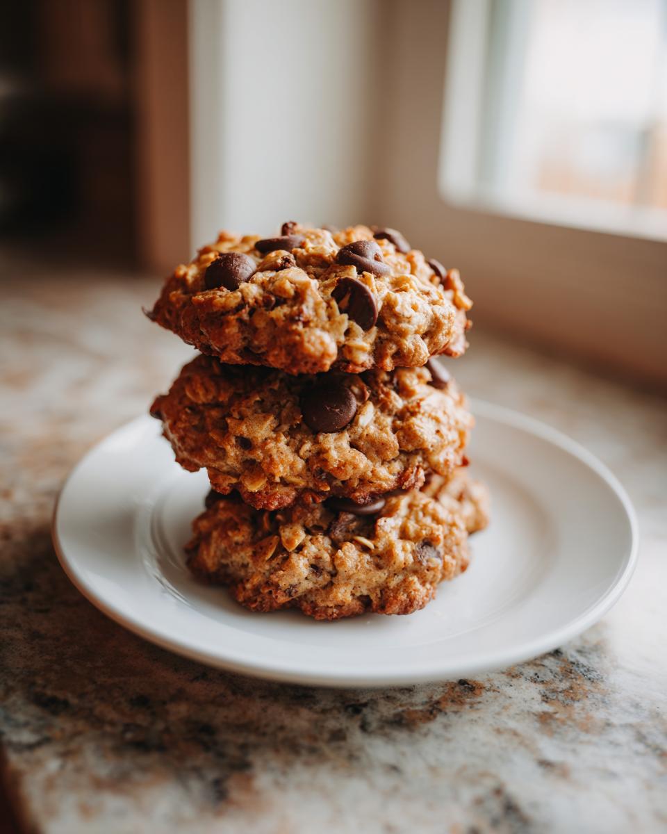 Three oatmeal chocolate chip breakfast cookie stacked on a white plate near a window.