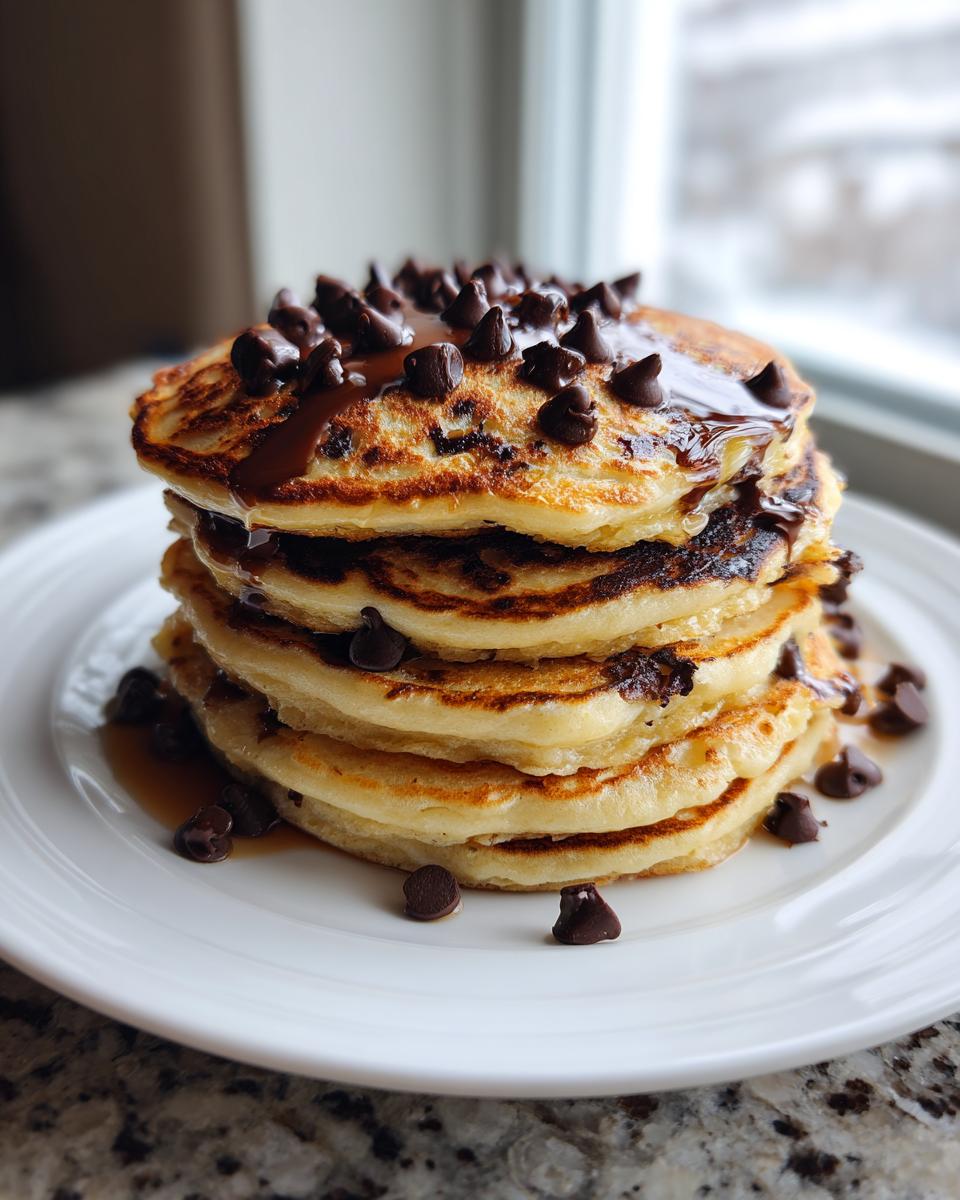 A tall stack of fluffy chocolate chip pancakes drizzled with syrup and topped with chocolate chips.