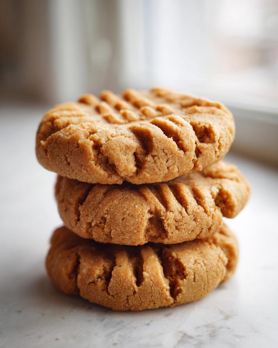Close-up of three stacked, golden brown peanut butter cookies featuring classic crisscross fork marks.