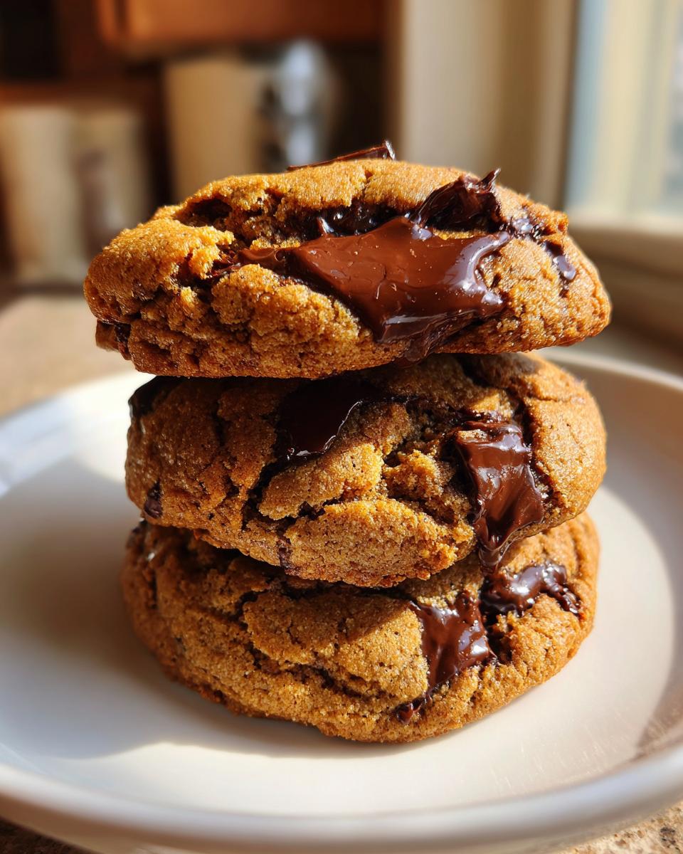 A stack of three soft, golden vegan chocolate chip cookies with melted chocolate oozing out.