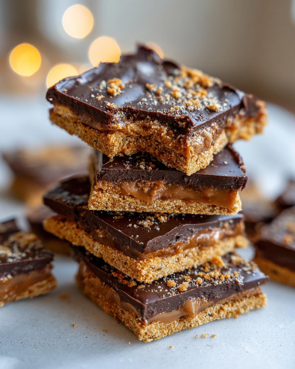 A stack of rich graham cracker toffee bars featuring a thick chocolate top layer and gooey caramel center.