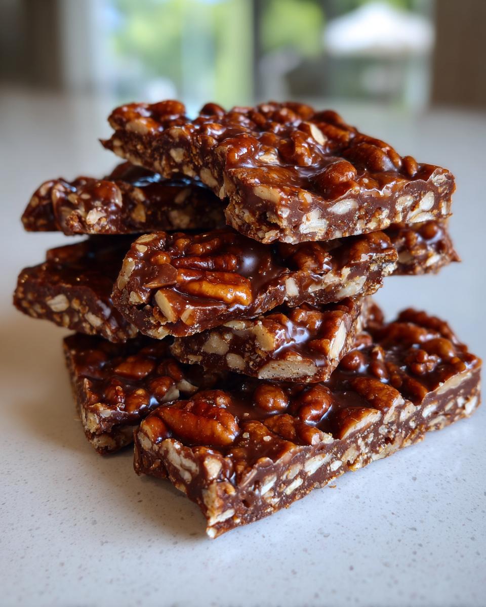 A stack of glossy, chocolatey pecan pie bark bars loaded with whole and chopped pecans.
