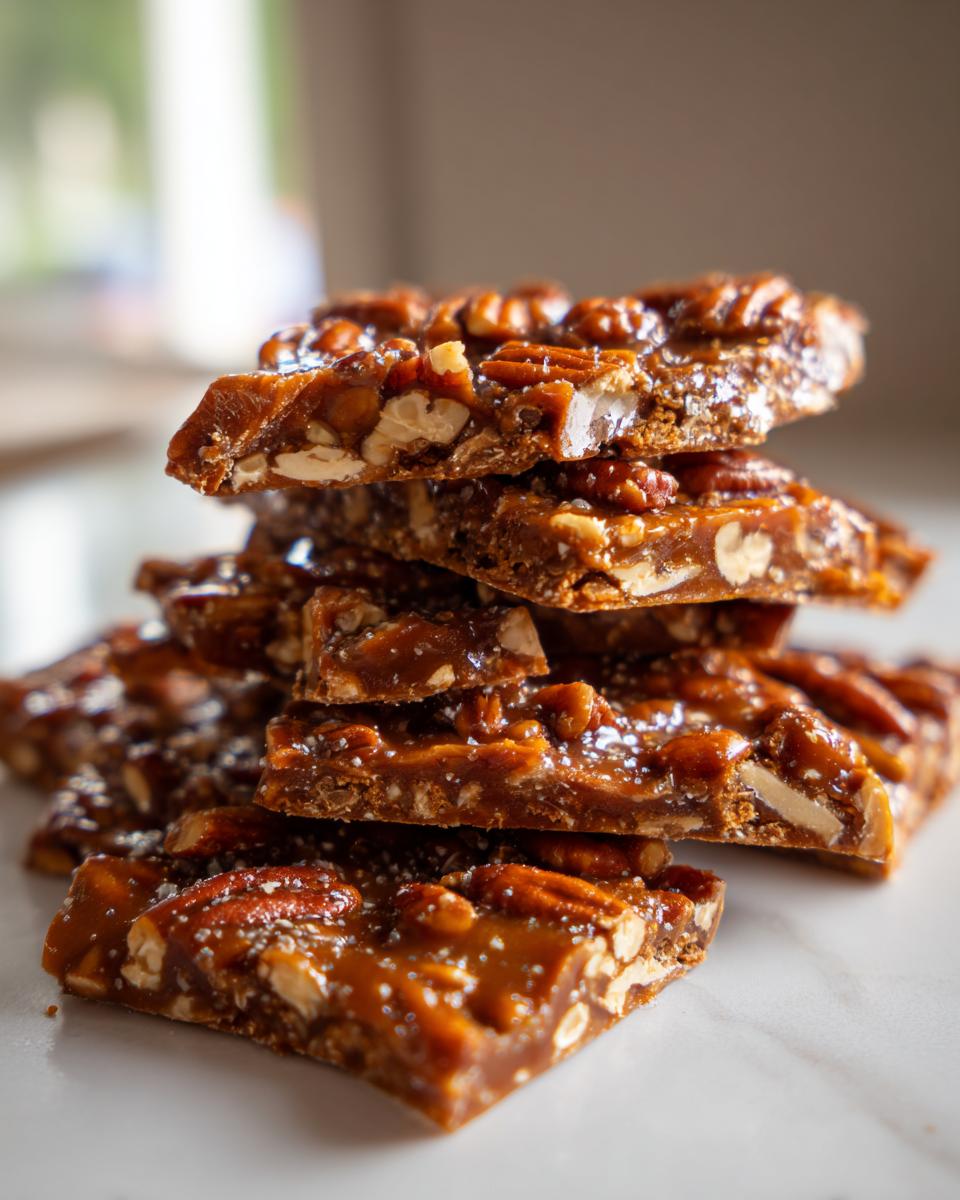 A stack of glossy, caramel-coated pecan pie bark pieces sprinkled with sea salt.