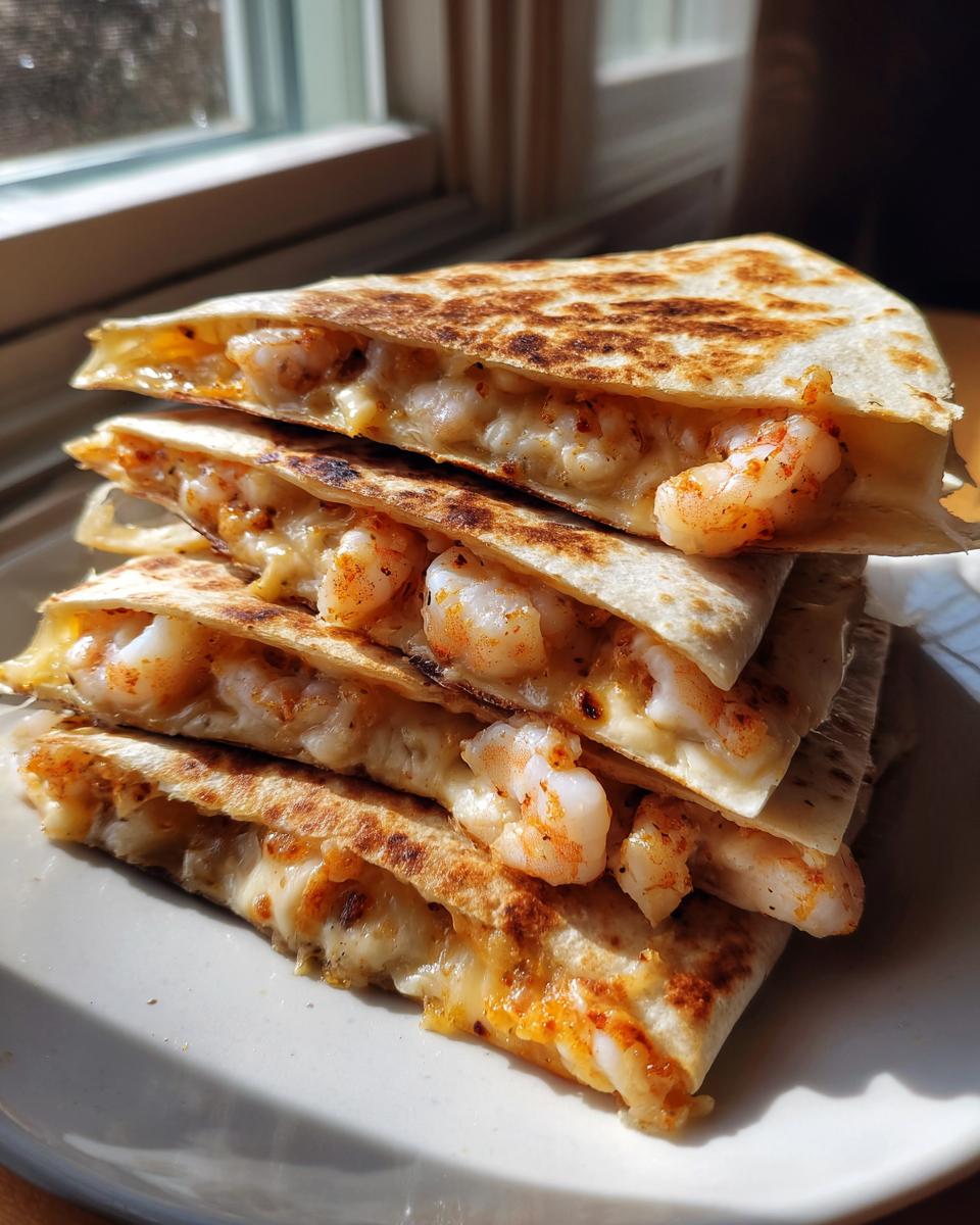 A stack of four golden-brown shrimp quesadilla wedges filled with melted cheese and seasoned shrimp.