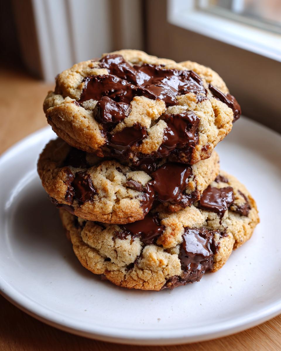 Three stacked, freshly baked vegan chocolate chip cookies with melted chocolate pools on top.