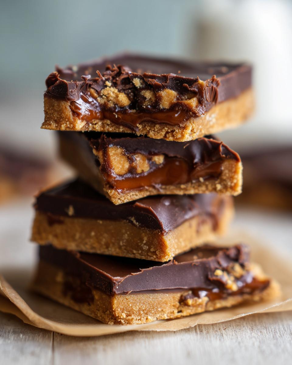 A stack of four rich graham cracker toffee bars featuring a thick chocolate layer and gooey caramel center.