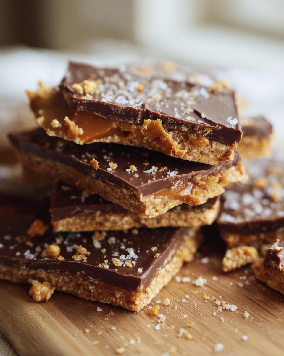 Close-up stack of graham cracker toffee bars topped with melted chocolate and sea salt.