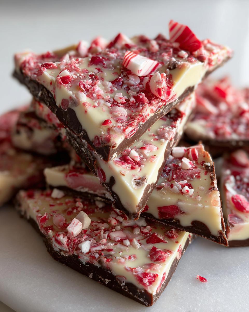 Close-up of stacked, triangular pieces of homemade peppermint bark recipe with dark chocolate, white chocolate, and crushed candy canes.