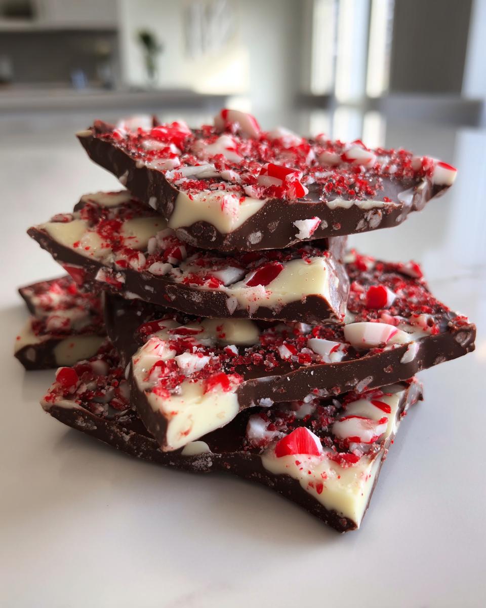 A stack of broken pieces of dark and white chocolate peppermint bark topped with crushed candy canes.