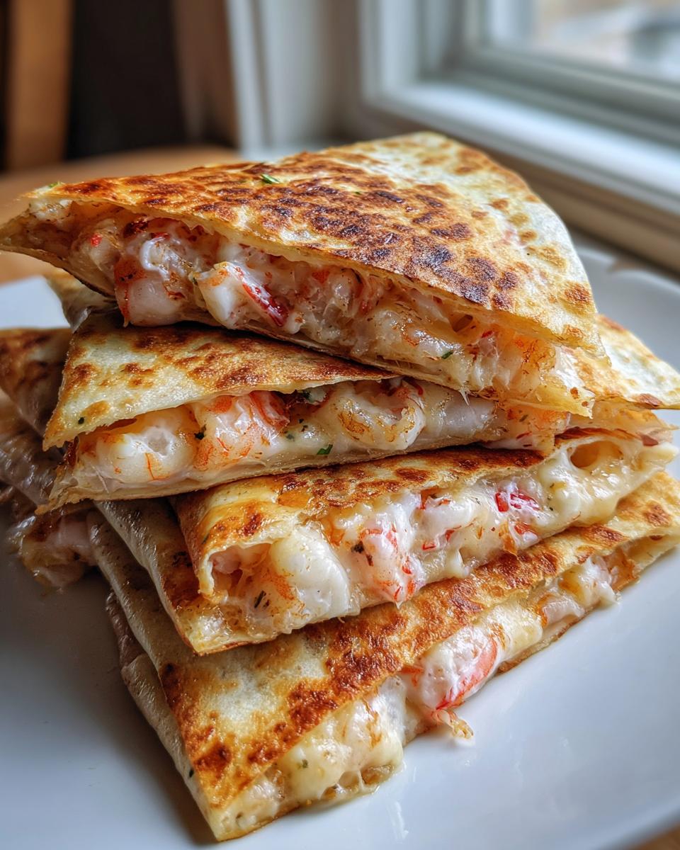 Stack of golden-brown, crispy shrimp quesadilla wedges showing melted cheese and pink shrimp filling.