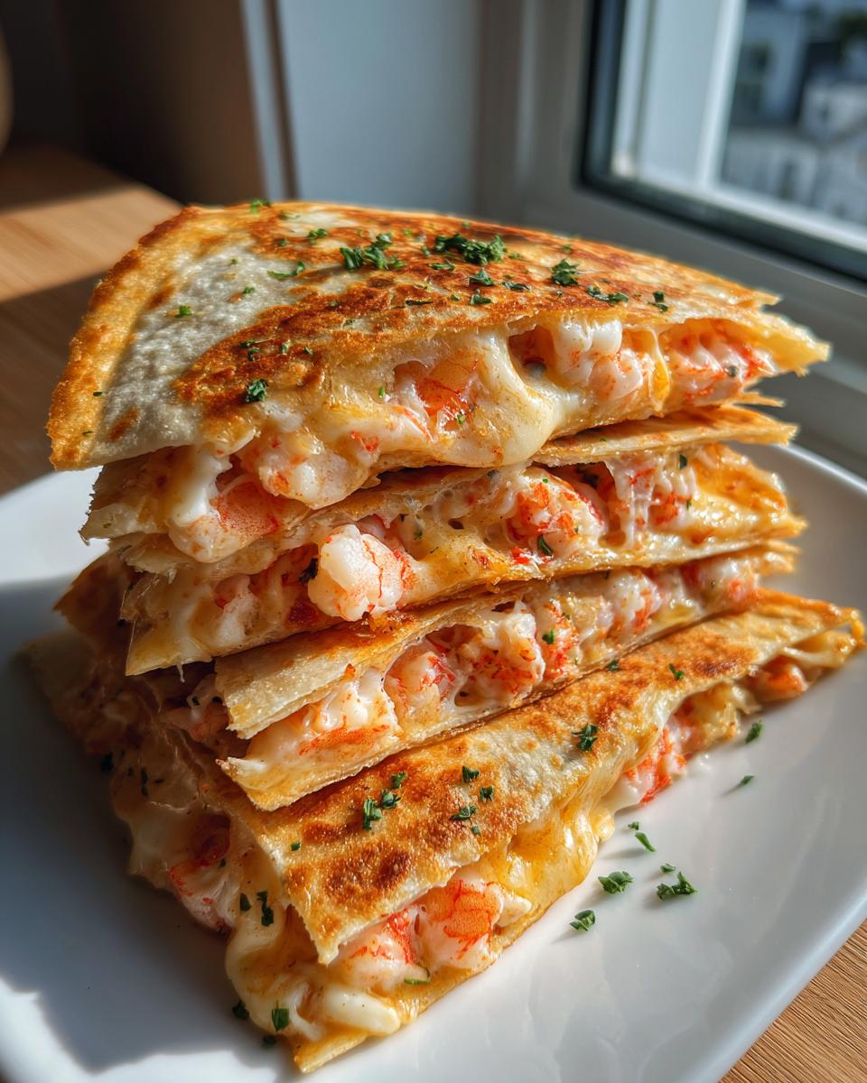 A stack of four golden-brown, crispy shrimp quesadilla quarters overflowing with melted cheese and pink shrimp pieces.