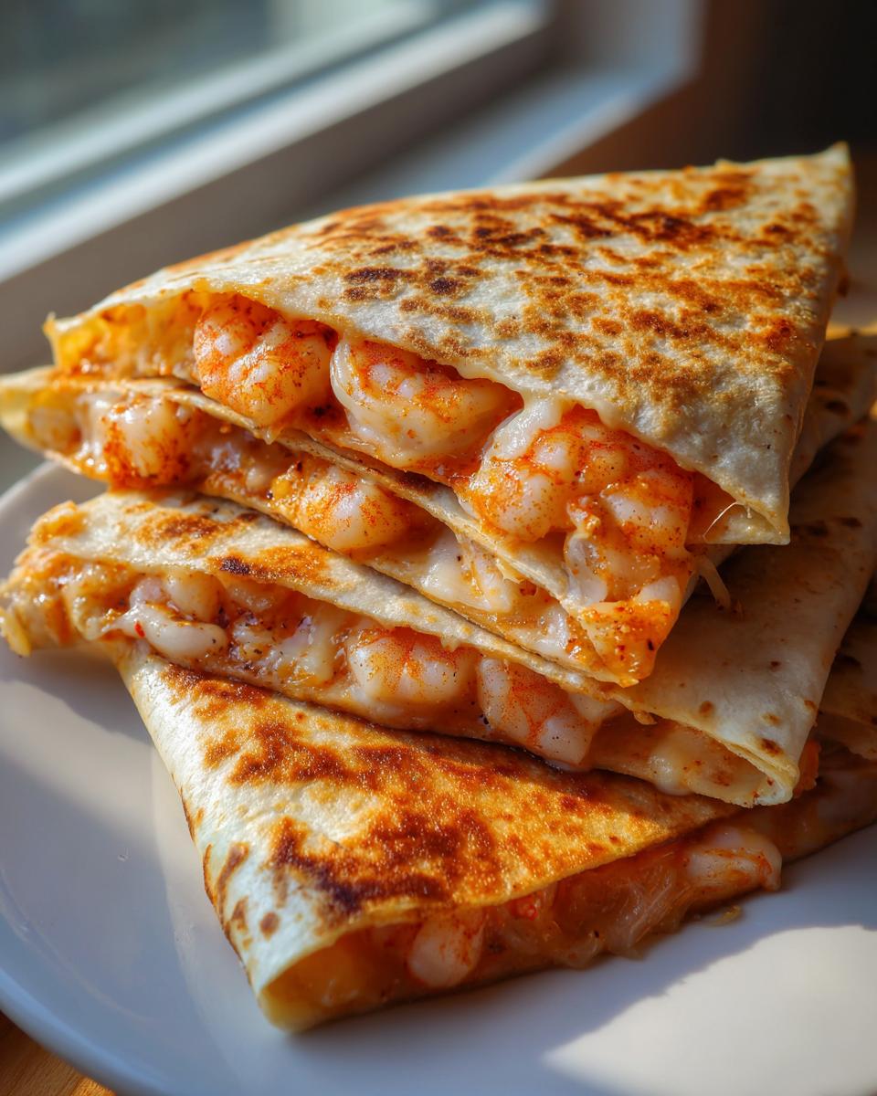 A stack of golden-brown shrimp quesadilla wedges showing plump shrimp and melted cheese spilling out.