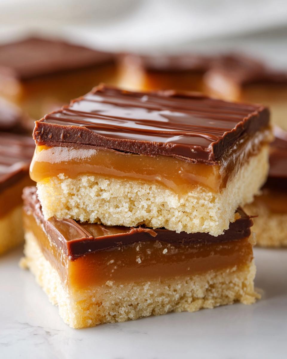 Two stacked squares of homemade twix cookies showing shortbread, thick caramel, and a chocolate topping.