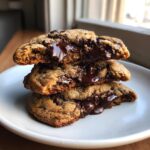 A stack of three gooey vegan chocolate chip cookies broken in half, showing melted chocolate oozing out.
