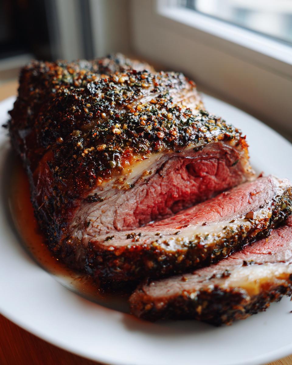 Close-up of a perfectly cooked standing rib roast, sliced to show medium-rare interior and herb crust.