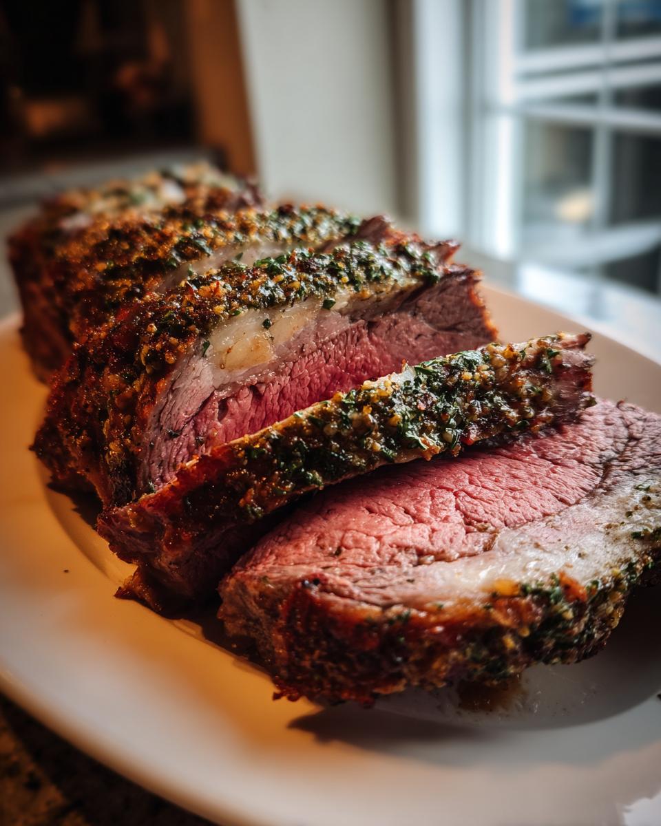 Slices of perfectly cooked standing rib roast showing a medium-rare center and herb crust.