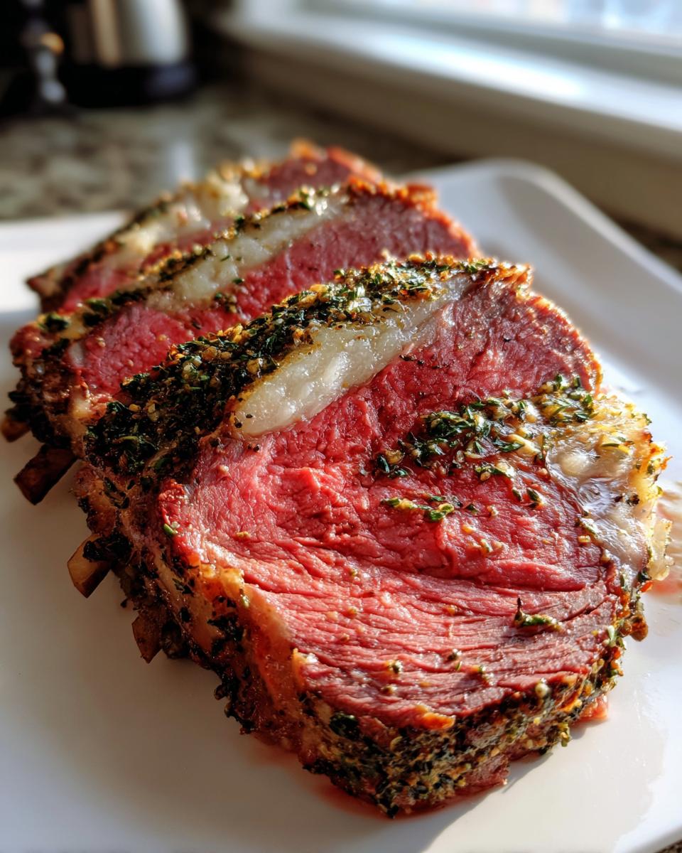 Three thick slices of medium-rare standing rib roast, crusted with herbs, resting on a white plate.