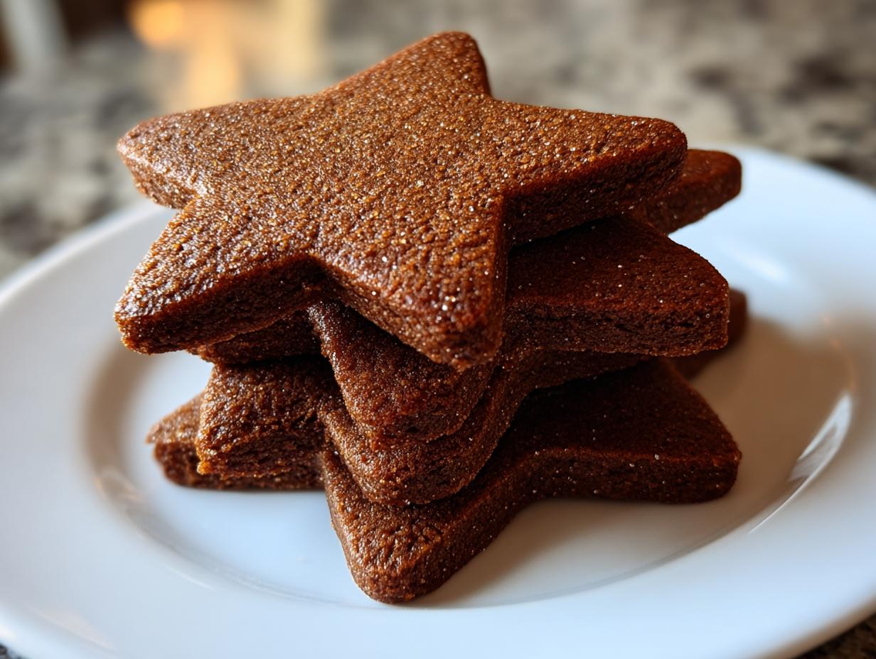 A stack of five dark brown, star-shaped soft gingerbread cookies lightly dusted with sugar on a white plate.